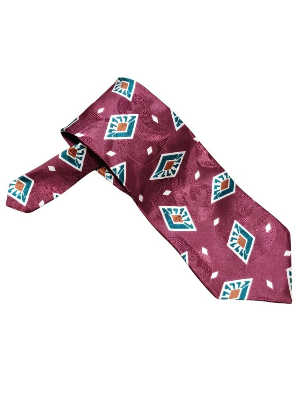 Vintage L'Atelier Necktie Burgundy Geometric Italian Silk Made USA Retro Tie